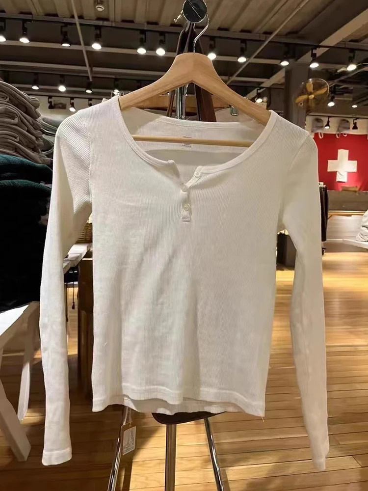 Vintage Button Ribbed Long Sleeve Tees Women Autumn Casual Round Neck Pink Cotton Y2k Tops Vintage Sweet Slim T Shirt For Women 240228