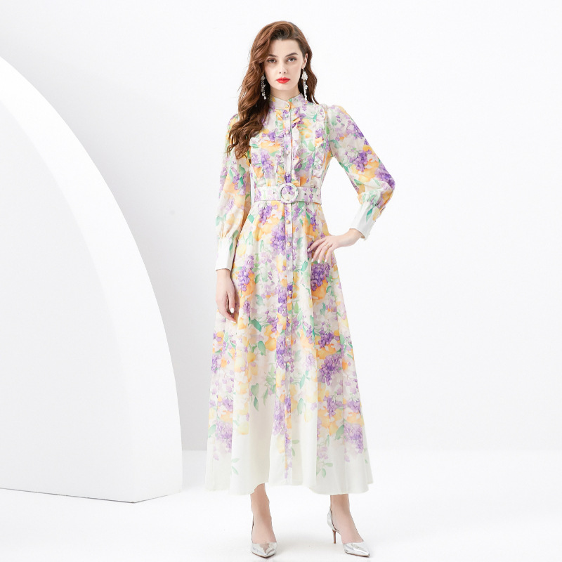 Fancy Front Retro Painted Maxi Shirt Dress Women Stand Collar Buttons Cardigan Swing Dresses Long Sleeve Ladies Elegant Printed Office Casual Party Ro