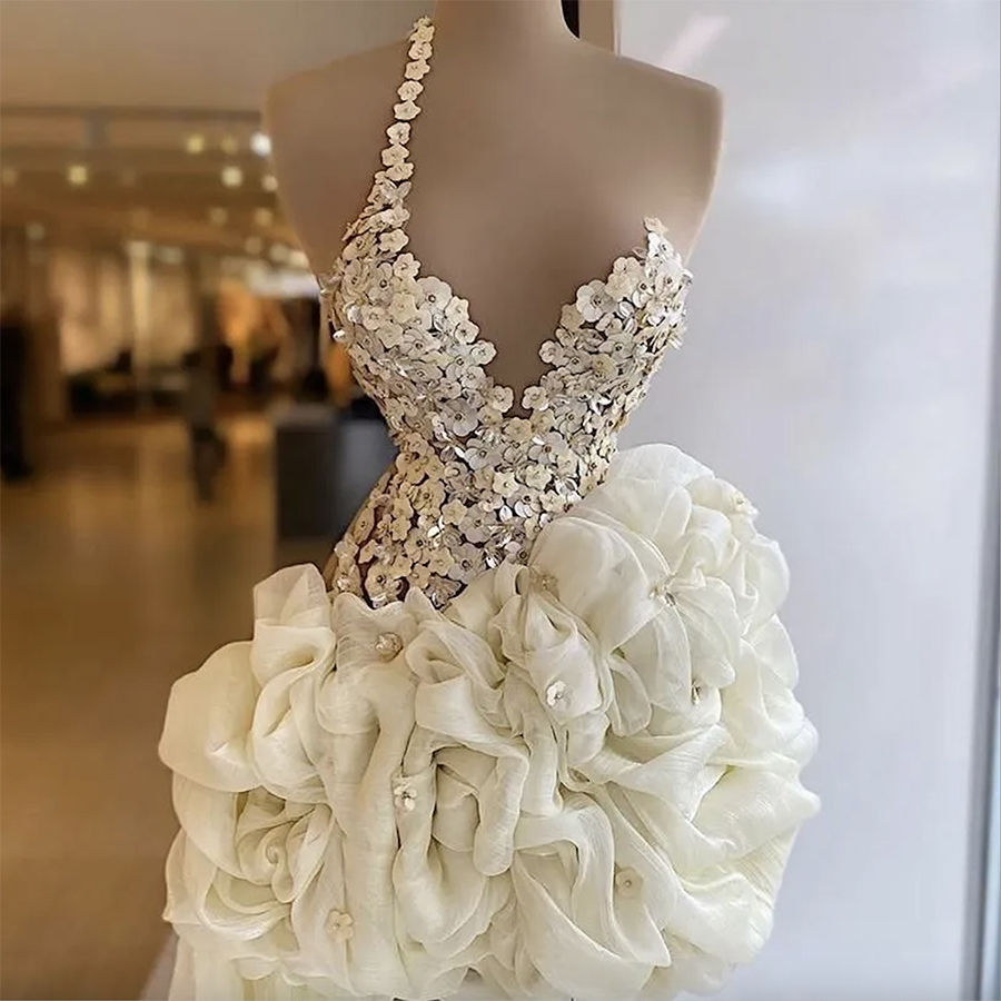 2024 Gorgeous Prom Dresses One Shoulder Strap Ruffles Mini Handmade Flowers Crystals Beaded Custom Made Evening Gown Formal Occasion Wear Vestidos Plu