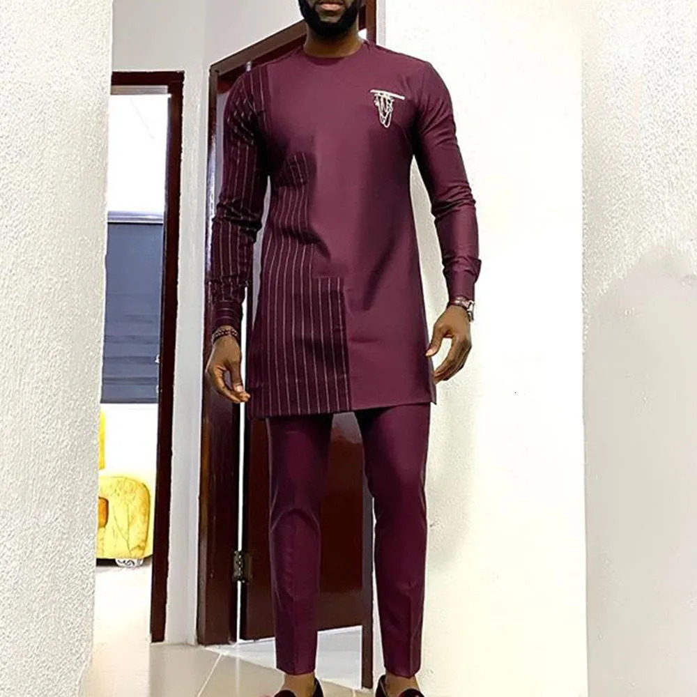 In Pant Sets Long Sleeve Printed Ethnic Shirt and Casual Pants 2 Piece Set Party Wedding African Men Clothes Suits for Men 240304