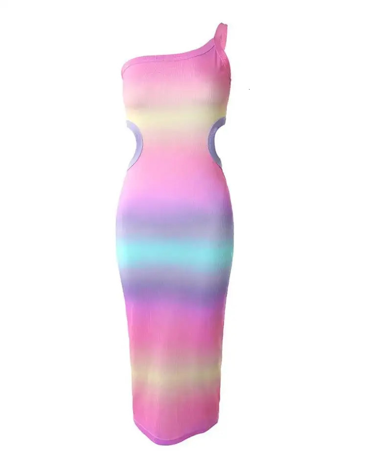 2024 Sexy Dres Spring Summer Elegant Ombre One Shoulder Tie Dye Cutout Ribbed Bodycon Midi Dress Casual Spicy Girl 240228