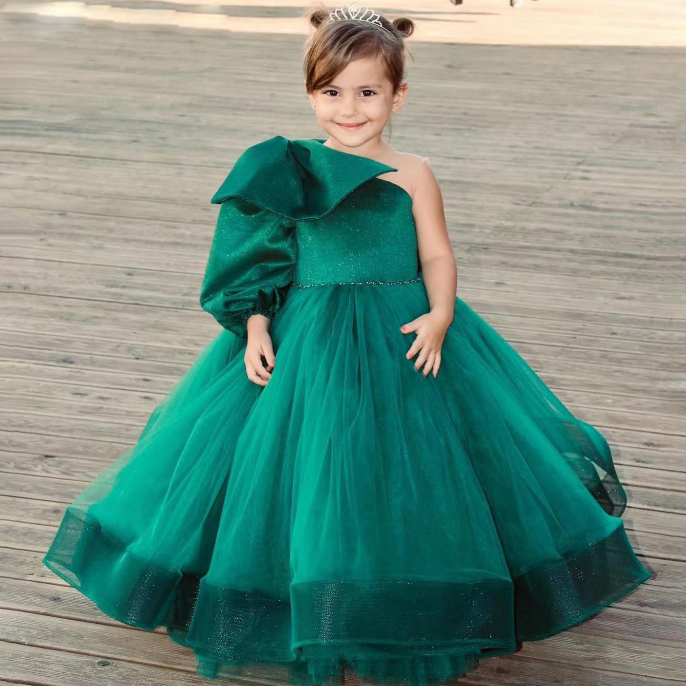 Dark Green Toddler Party Dresses One Shoulder With Bow Tie Kids Formal Wear Glitter Puffy Tulle Tutu Child Birthday Dress