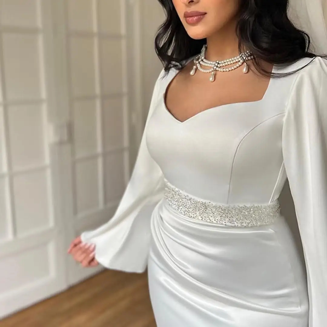 Mermaid Elegant Wedding Dress Women Long Sleeve Beadings Sash Satin Bridal Formal Gown Sweep Train Vestidos De Novia