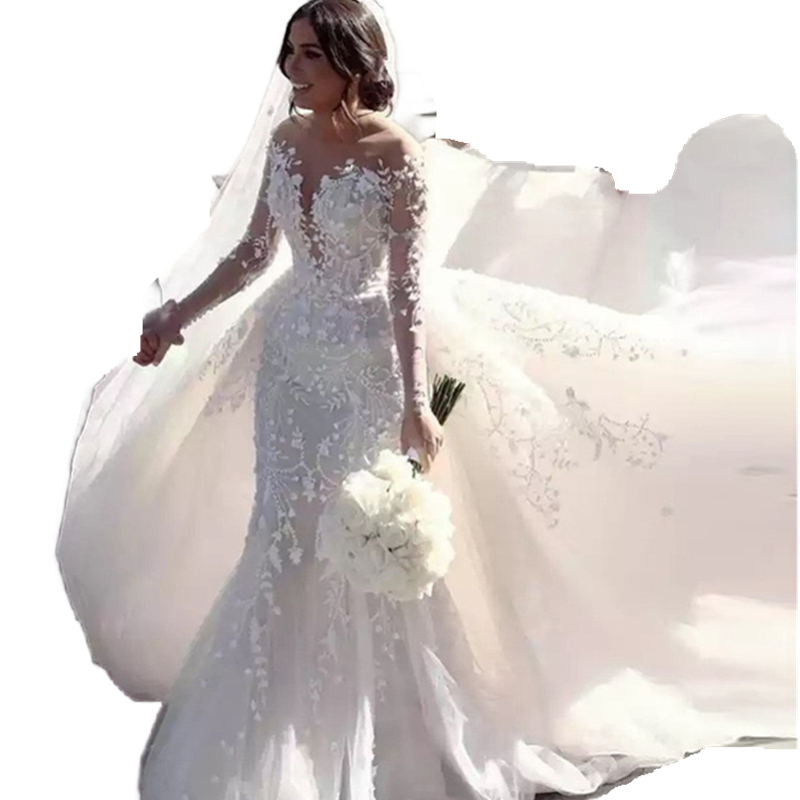 Luxury Beaded Lace Mermaid Wedding Dresses With Detachable Train Long Sleeves Gorgeous Bridal Gowns Illusion Crew Neck Elegant Bride Dress 2024