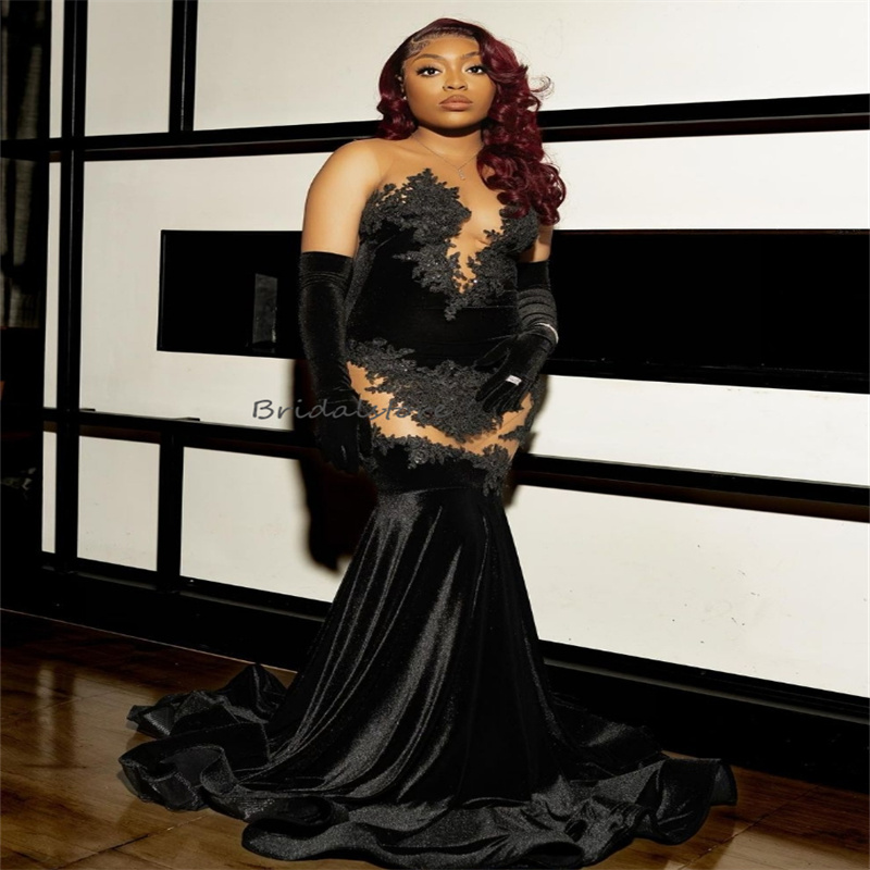 Velvet Black Girls Prom Dresses 2024 Sexy Illusion Appliques Lace Mermaid Evening Gowns Elegant Formal Occasion Party Dress Gorgeous vestidos de fiest