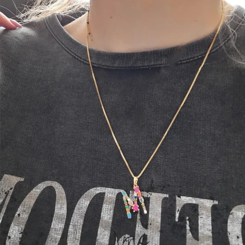 26 English Letter Necklace Womens Bohemia Style Colored Necklace AAA Cubic Zircon Clavicle Chain for Girls