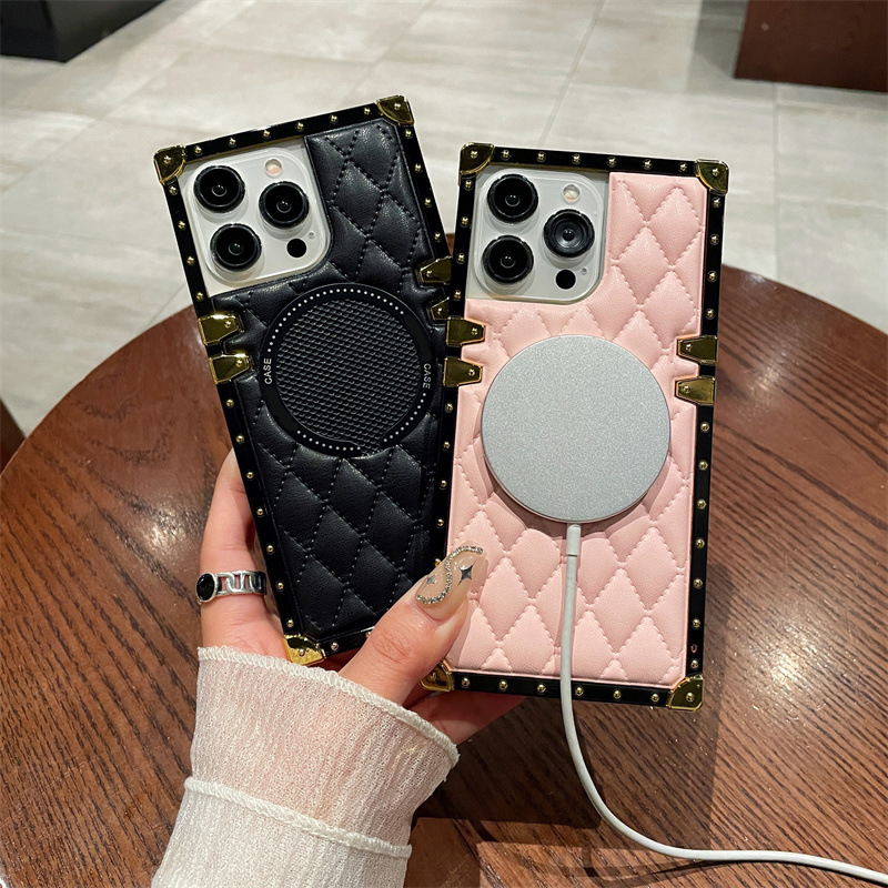 Luxury Lambskin Leather Square Box Magnetic For Magsafe Wireless Charging Cases Soft TPU Trunk Metal Decoration Corner For iPhone 16 15 14 13 12 11 Pr