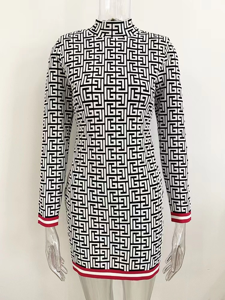Milan Runway Dress 2024 Print Crew Neck Long Sleeves Slim Letter Print Long Dresses Holiday Vestidos De Festa 31316