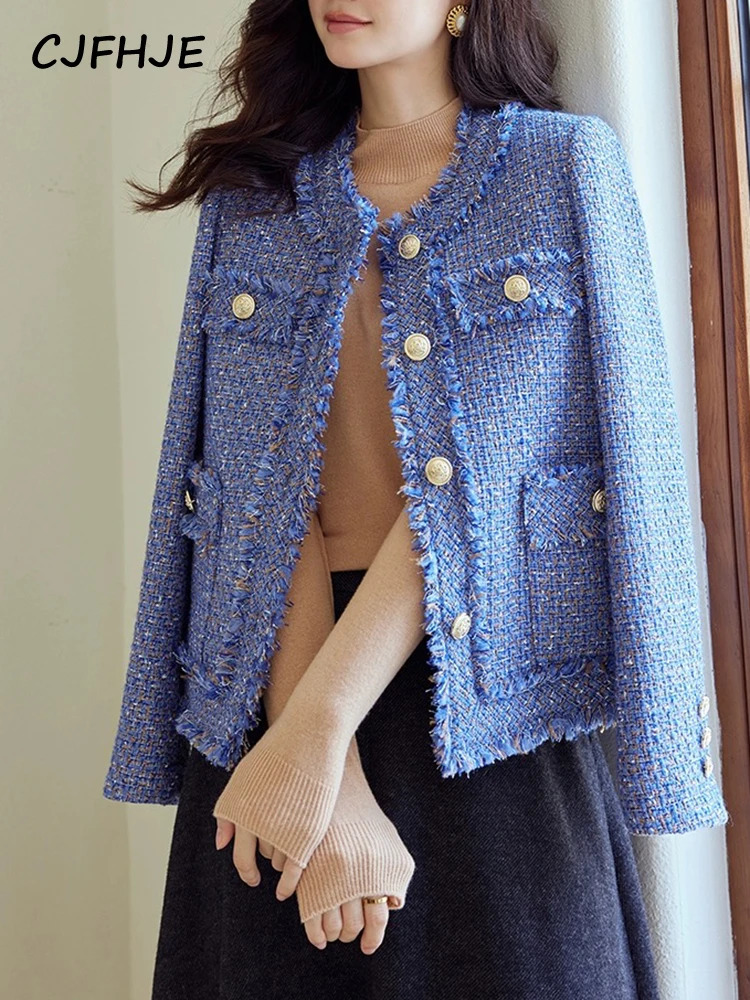 CJFHJE Long Sleeve Blue Tassel Women Coats Autumn Winter Short ONeck Vintage Tweed Jackets Femlae Korean Elegant Lady Outerwear 240307