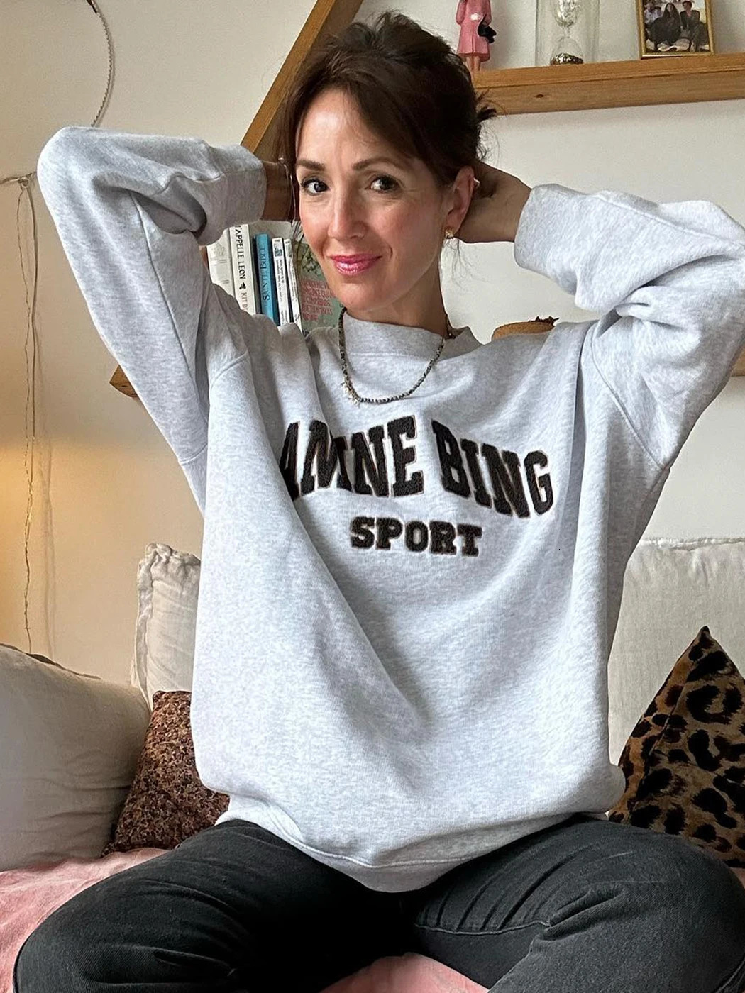 Letter Embroidery Sweatshirt Women Autumn Winter Clothing Loose Pullovers Tops Female Fashion Sweatshirts Hoodies Oversize 240226