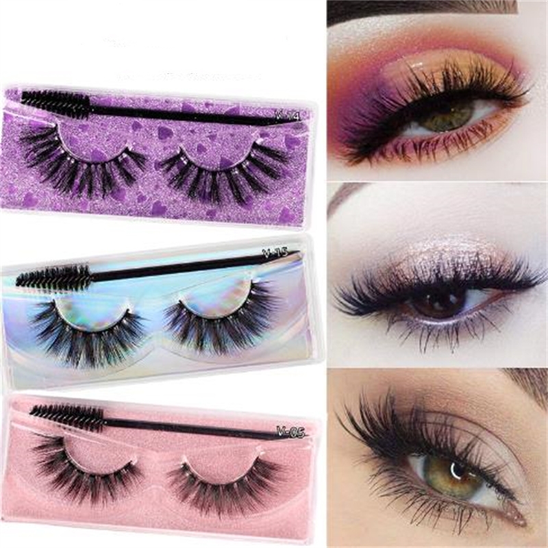 False Lashes - 3D Volume Faux Eyelashes Cotton Band Natural Slender Style Eye Makeup Tool with Brush 15 Color Options X250925