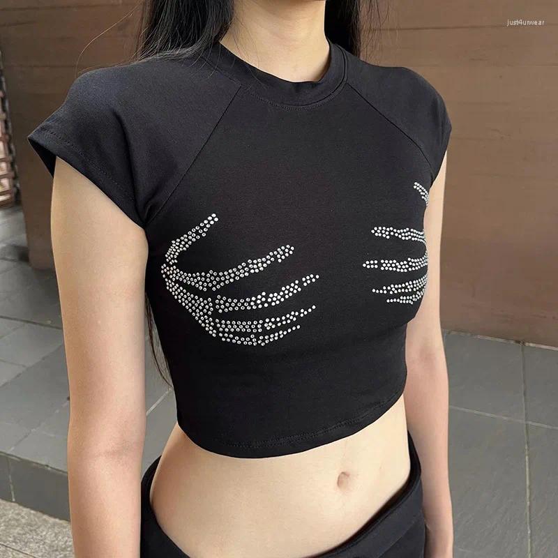 Women's T Shirts Sexy Club Women Summer Crop Top T-shirt Punk Y2K Haruku Black Short Sleeve Rhinestone Skeleton Hand Printed Tights