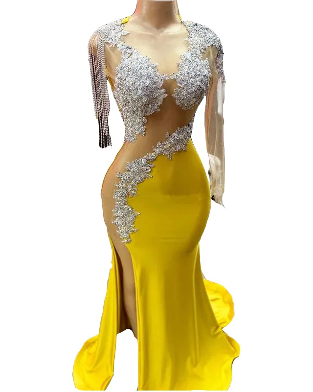 Yellow Prom Dresses Mermaid One shoulder Illusion Cutaway Sides Long Sleeves Appliques Silver Crystal Beaded High Side Split Sexy Evening Gowns Robe D