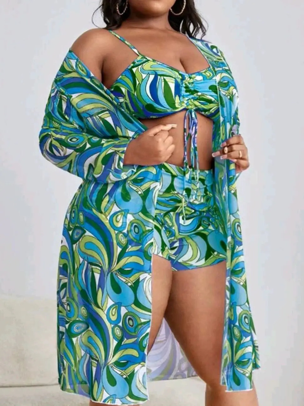 2024 Plus Big Size Swimwear For Women Swimsuit Large Bathing Suits Three-Piece Push Up Bikini Set Sexy Separate Stylish 240309