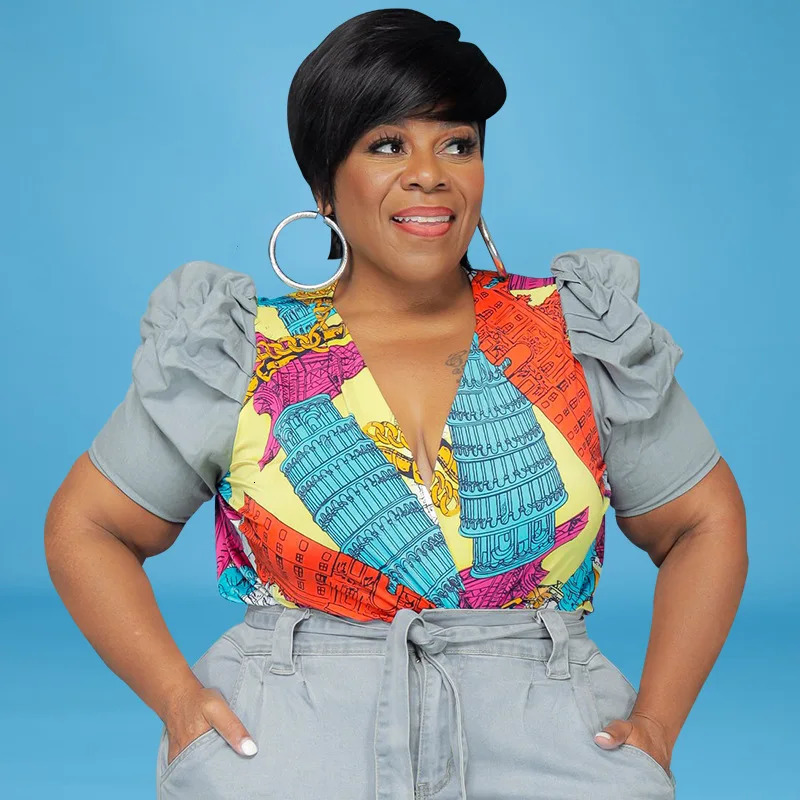 5XL Plus Size Womens Sets Denim Street Two Piece Set Puff Sleeve Patchwork Print Top and Jeans Matching Suit Wholesale Items 240307