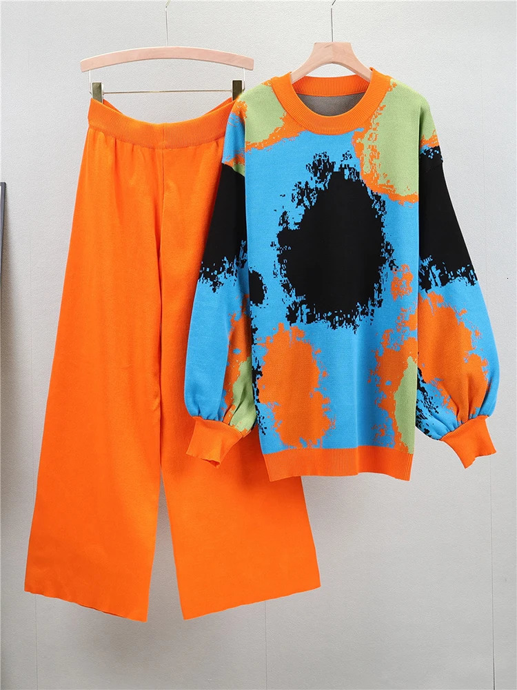 Tie Dye Pullover Sweater 2 Piece Sets Women Print Casual Knitwear Jumper Conjunto High Waist Solid Knit Wide Leg Pant Outfit 240301