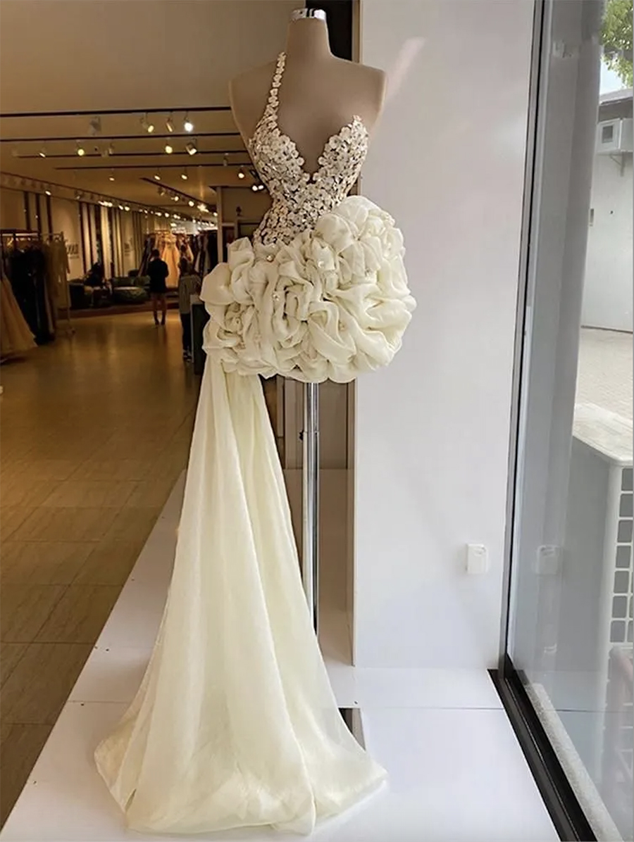 2024 Gorgeous Prom Dresses One Shoulder Strap Ruffles Mini Handmade Flowers Crystals Beaded Custom Made Evening Gown Formal Occasion Wear Vestidos Plu