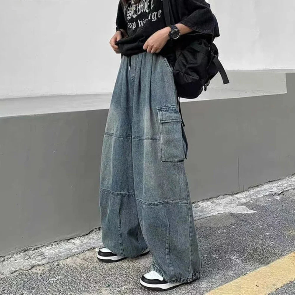 2023 Spring Autumn Trousers Y2K Baggy Jeans for Men Wide Leg Pants Pockets Elastic Waist Streetwear Loose Comfortable 240301
