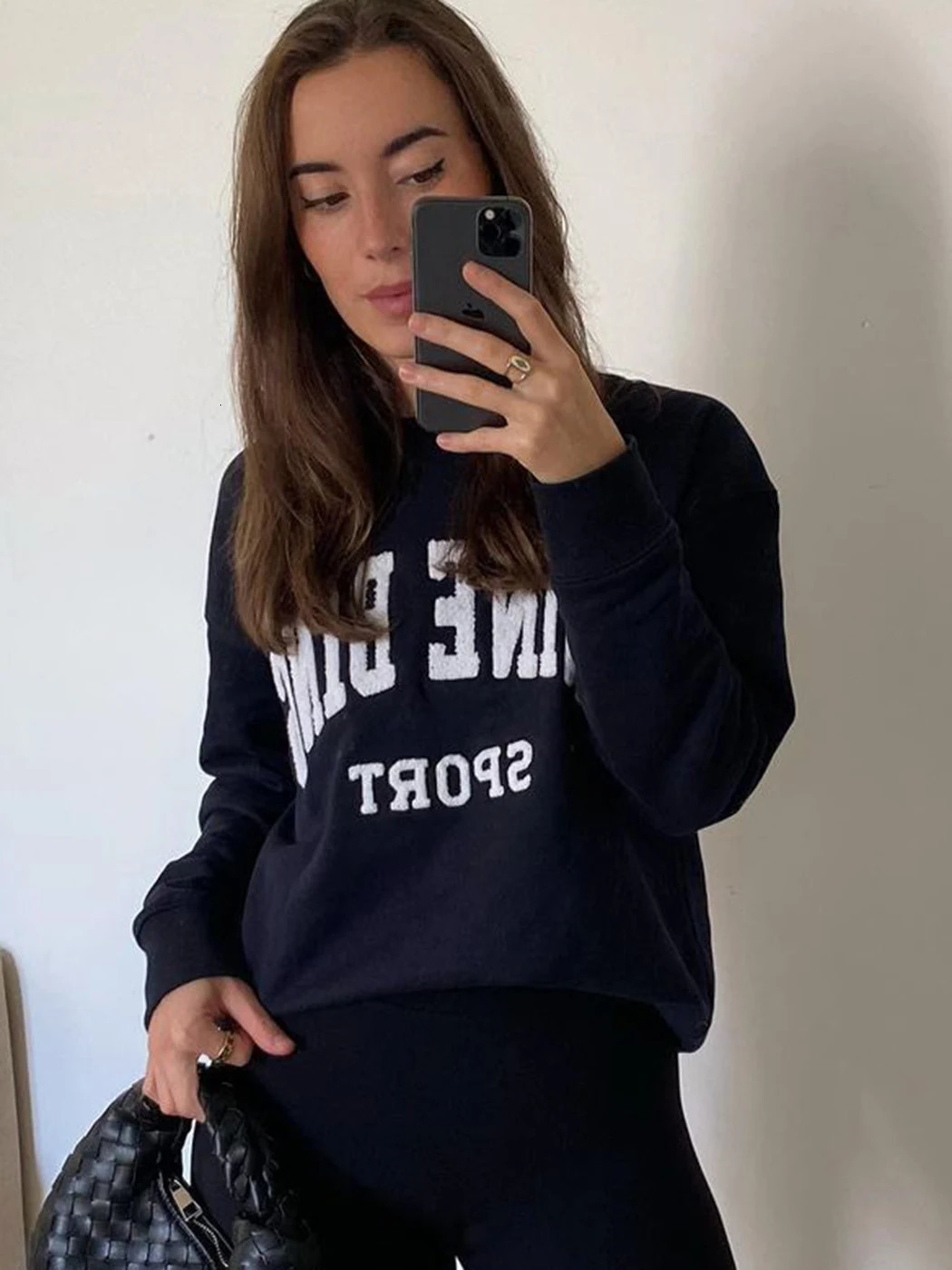 Letter Embroidery Sweatshirt Women Autumn Winter Clothing Loose Pullovers Tops Female Fashion Sweatshirts Hoodies Oversize 240226