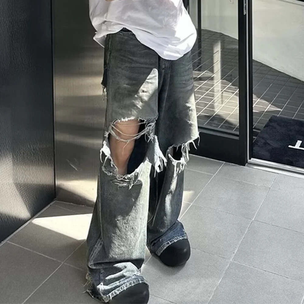 Frayed Damaged Hole Baggy Wide Leg Jeans for Men and Women Streetwear Casual Ropa Hombre Denim Trousers Oversized Cargo Pants 240304