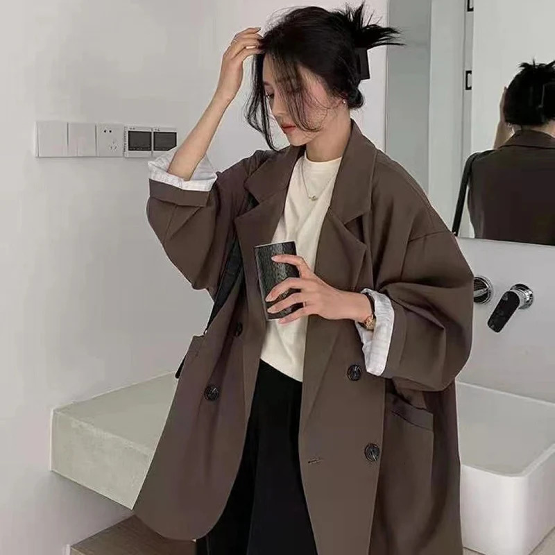 Vintage Blazers Women Elegant Solid Loose Coat Spring Fall Casual Oversized Suit Office Lady Work Long Sleeve Minimalist Jacket 240306