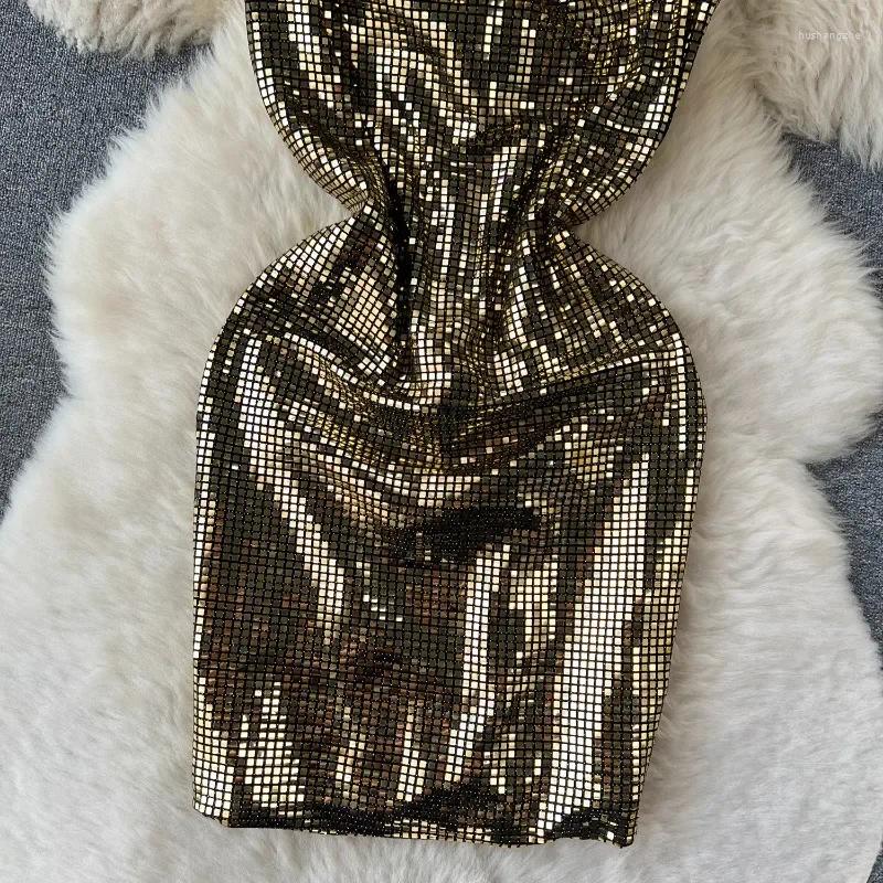 Casual Dresses Summer Fashion Light Luxury Temperament V-neck Celebrity Suspender Dress Womens High-waist Slim Sequined A-line Skirt