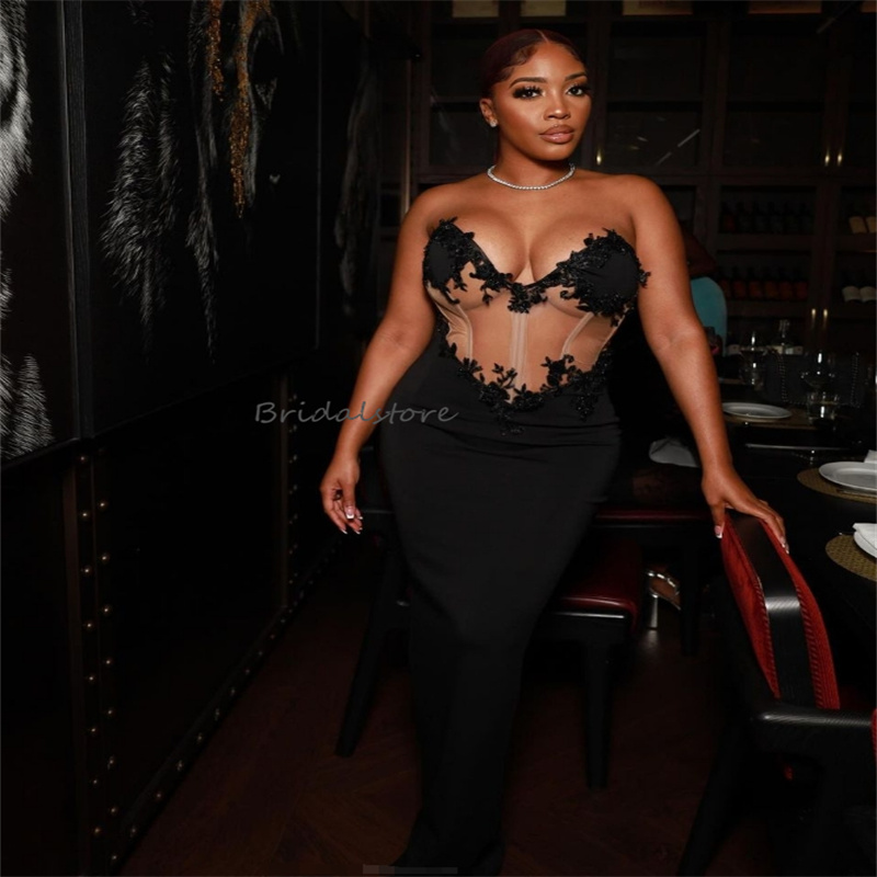 Unique See Through Mermaid Prom Dresses 2024 Sweetheart Black Girls Evening Dress With Appliques Lace Elegant Dance Formal Birthday Holiday Party Dres