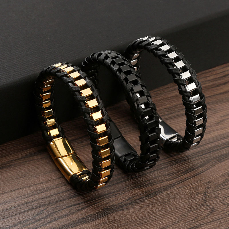 18k Gold Stainless Steel Chain Leather Bracelets Wristband Designer Jewelry Charm Multilayer Wrap Magnetic Buckle Stack Bracelet Bangle Cuff for Man F