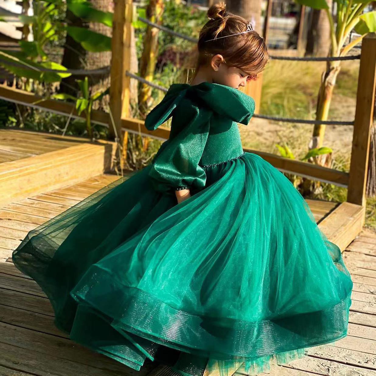Dark Green Toddler Party Dresses One Shoulder With Bow Tie Kids Formal Wear Glitter Puffy Tulle Tutu Child Birthday Dress