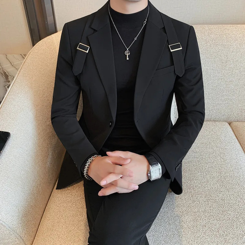 Blazer Hombre British Shoulder Strap Blazer Jacket For Men Two Buttons Slim Fit Casual Elegant Mens Suits Formal Tuxedo 240306 - view 4