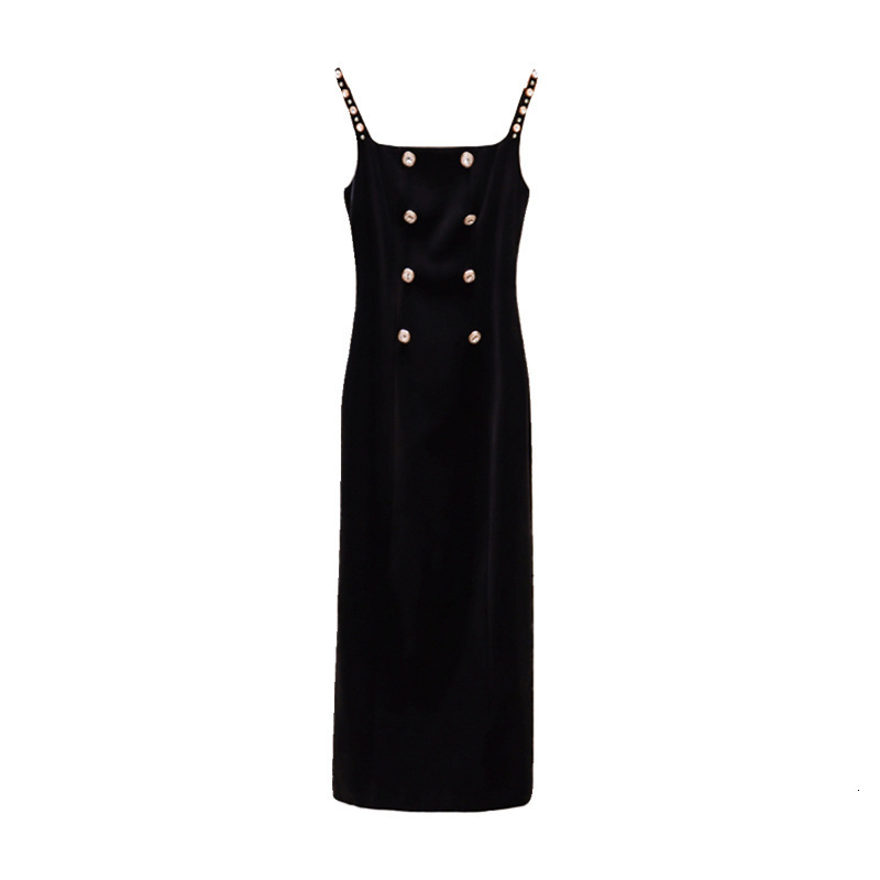 Summer Women Black Spaghetti Strap Bandage Dress Sexy Sleeveless Belt Buttons Celebrity Bodycon Club Midi Party Dress 210625wtt