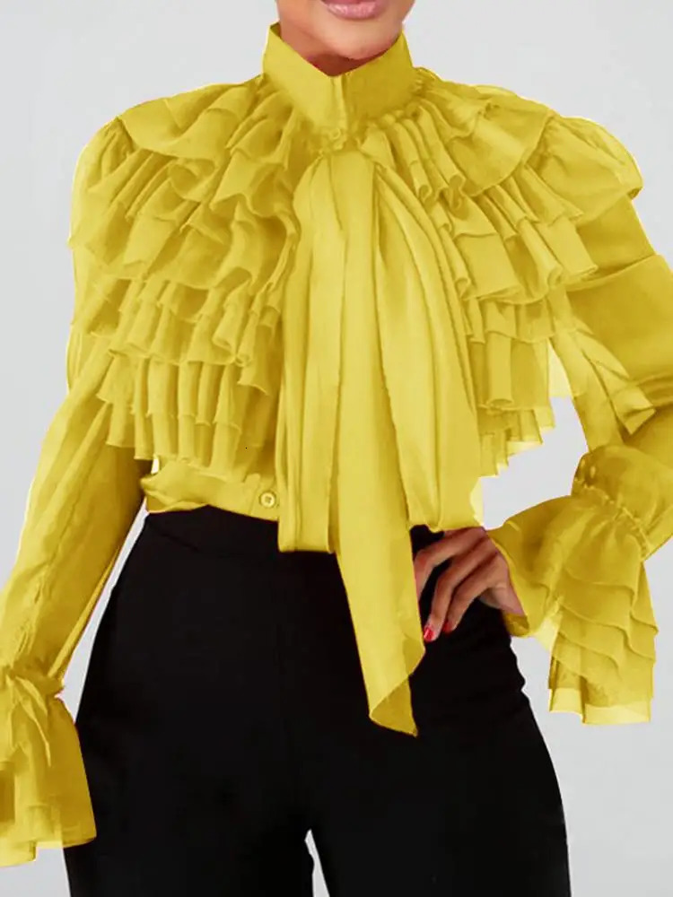 VONDA Women Tops Fashion Ruffled Blouses Stand Collar Tunic Autumn Loose Long Sleeve Button Elegant Party Blusas Femininas 240329