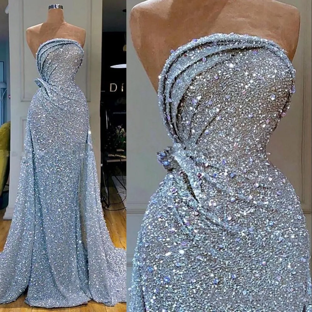 Sequin Lace Mermaid Evening Dress, Strapless Sleeveless Crystal Beads Prom Gown