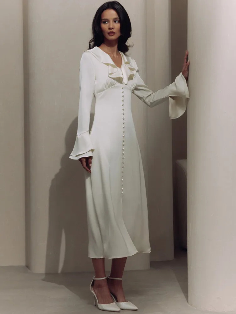 TARUXY Ruffle V Neck Elegant Dress For Women Slim Long Sleeve High Waist Temperament Dresses Femme Party Slit Long Dress Woman 240311