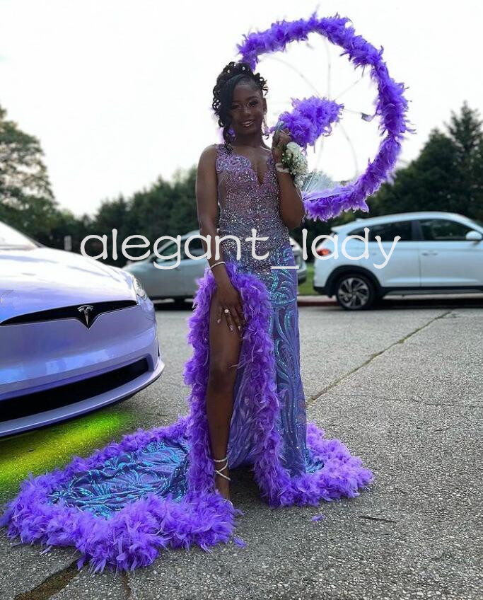 Lilac Purple Sparkly Mermaid Prom Formal Dresses for Women Luxury Diamond Crystal Feather Slit Evening Birthday Party Dress 2024