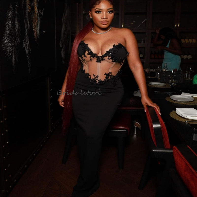 Unique See Through Mermaid Prom Dresses 2024 Sweetheart Black Girls Evening Dress With Appliques Lace Elegant Dance Formal Birthday Holiday Party Dres