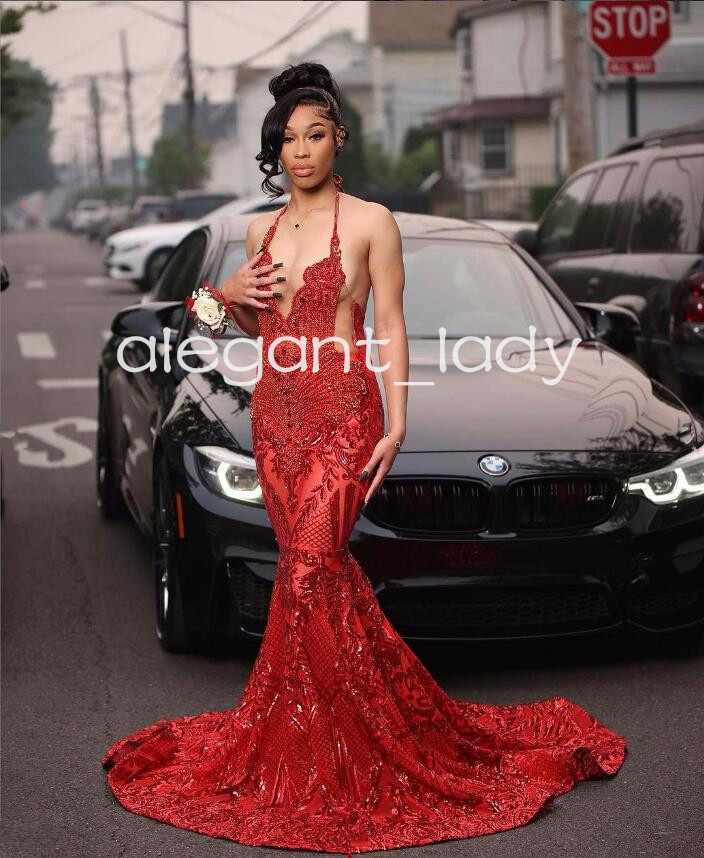 Sparkly Red Long Mermaid Prom Formal Dresses for Women 2024 Luxury Diamond Applique Black Girl Evening Birthday Gala Dress
