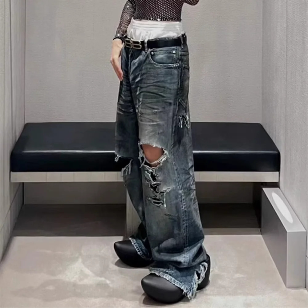 Frayed Damaged Hole Baggy Wide Leg Jeans for Men and Women Streetwear Casual Ropa Hombre Denim Trousers Oversized Cargo Pants 240304