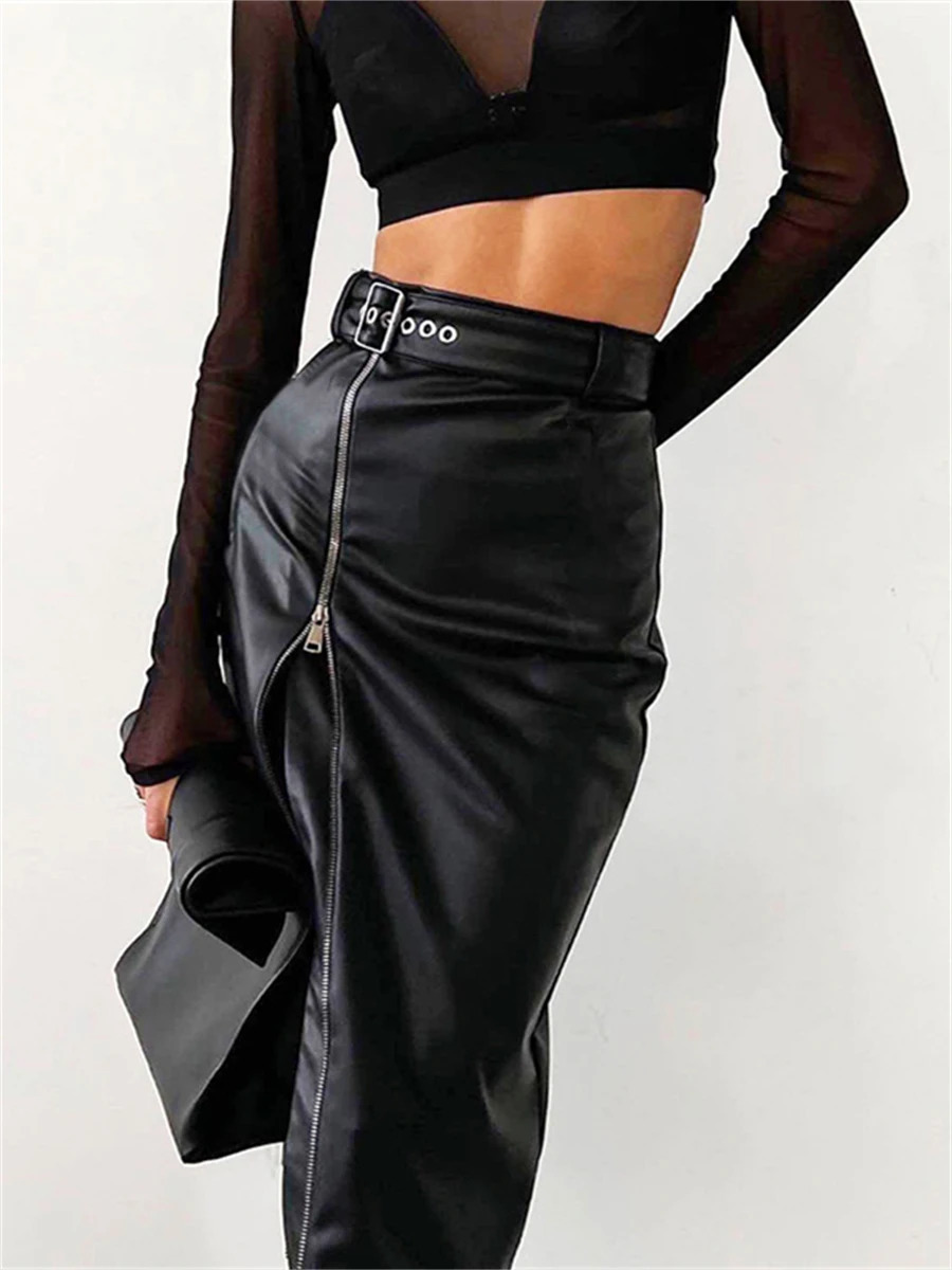 wsevypo Black PU Leather High Waist Pencil Skirts Vintage Grunge Women Streetwear Zipper High Split Bodycon Midi Skirt with Belt 240304