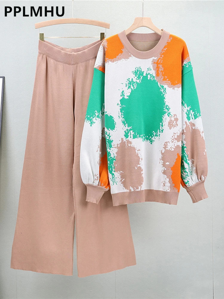 Tie Dye Pullover Sweater 2 Piece Sets Women Print Casual Knitwear Jumper Conjunto High Waist Solid Knit Wide Leg Pant Outfit 240301