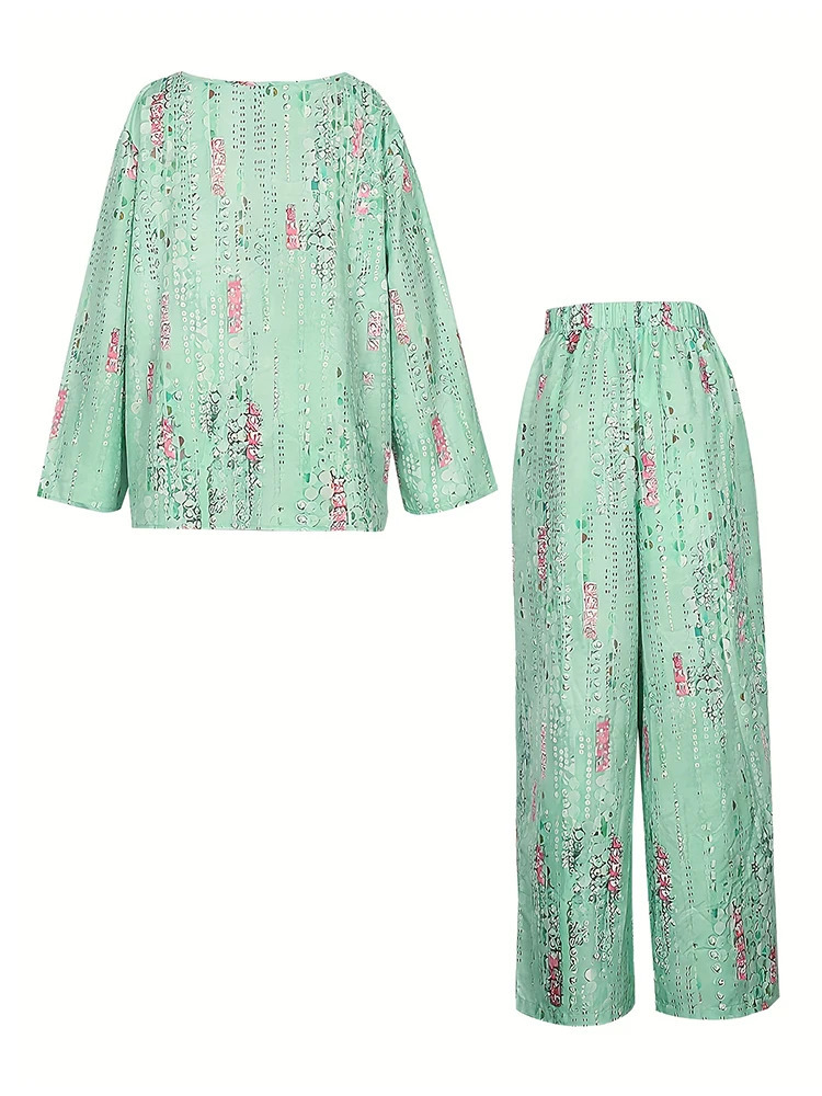 Womens Plus Size 2 Piece Outfits Floral Long Sleeve Crew Neck T Shirts Wide Leg Pants Matching Lounge Sets Casual Tracksuit 240307