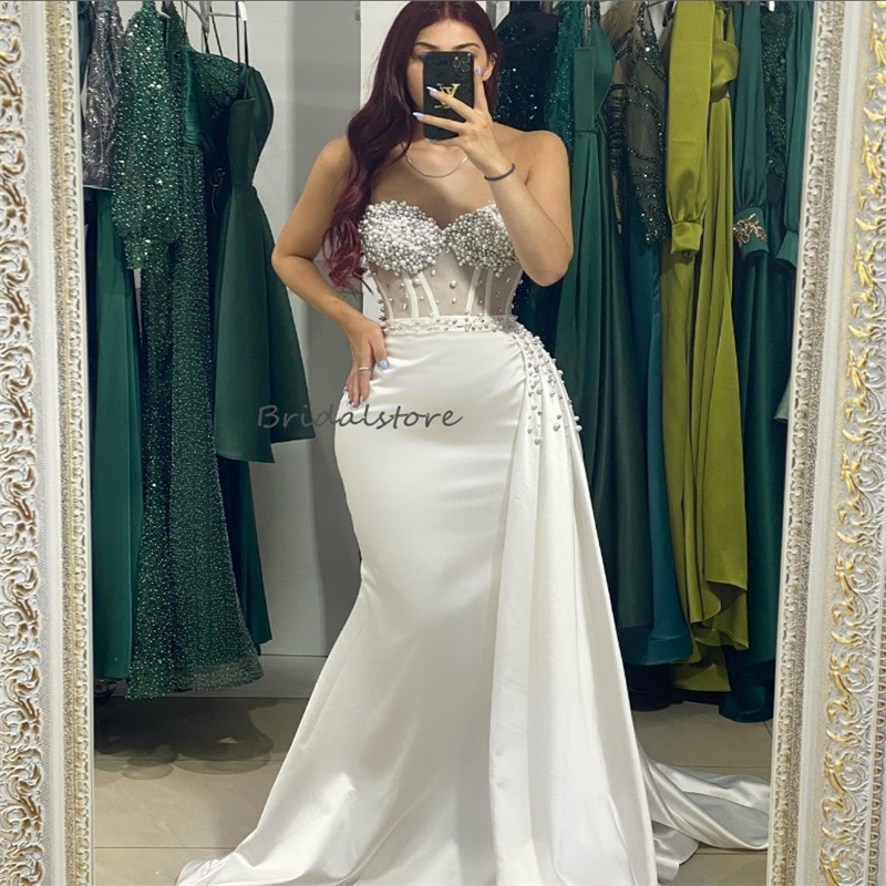 Elegant Mermaid Pearls Wedding Dresses 2024 Sweetheart Satin Garden Country Wedding Gowns With Train Custom Made Cvil Women Vestido De Casamento Robe 