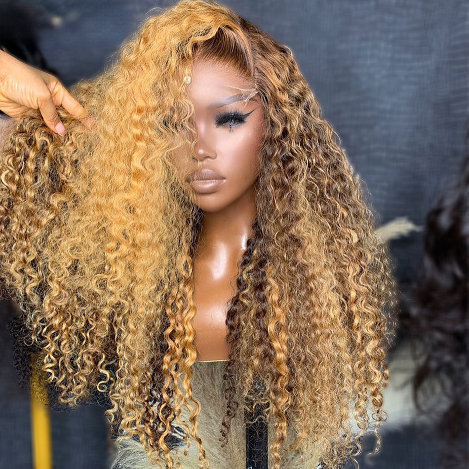 Free shipping 200% Glueless Curly Silation Human Hair Wigs Honey Brown 13X4 Water Wave Frontal Ombre Blonde Black Wear Go Brazilian Lace Wig