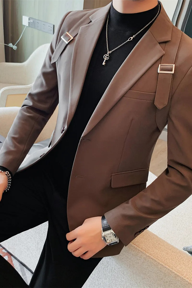 Blazer Hombre British Shoulder Strap Blazer Jacket For Men Two Buttons Slim Fit Casual Elegant Mens Suits Formal Tuxedo 240306 - view 6