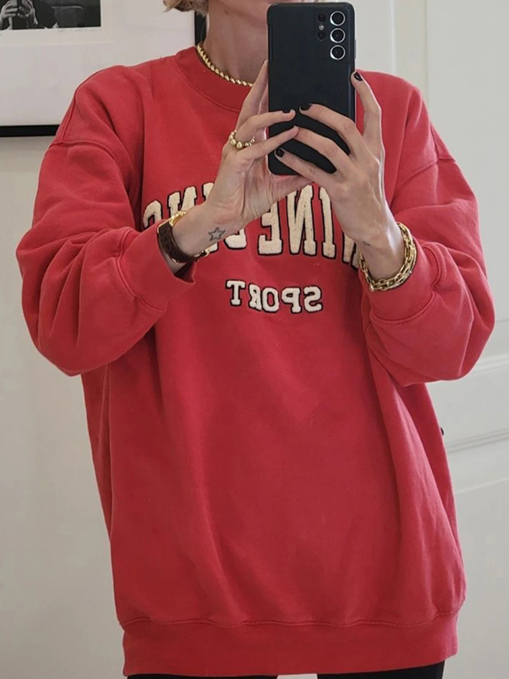 Letter Embroidery Sweatshirt Women Autumn Winter Clothing Loose Pullovers Tops Female Fashion Sweatshirts Hoodies Oversize 240226