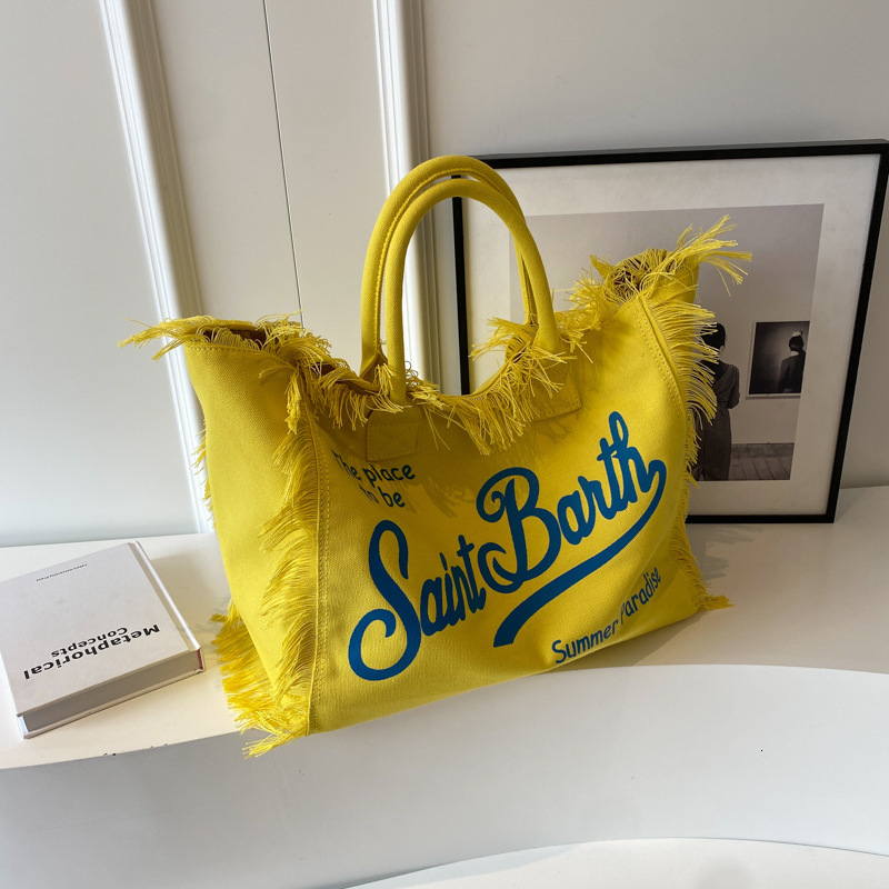 Evening Bags Spring Summer Leisure Holiday Fringe Yellow Striped Printed St. Barts Travel Large Capacity Thick Canvas Tote Bag 231027