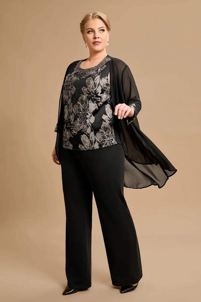 Womens Plus Size Mother Of The Bride 34 Sleeve Three Pieces Set Pant Suits Soft Office Lady Chiffon High Quality Clothing 240307
