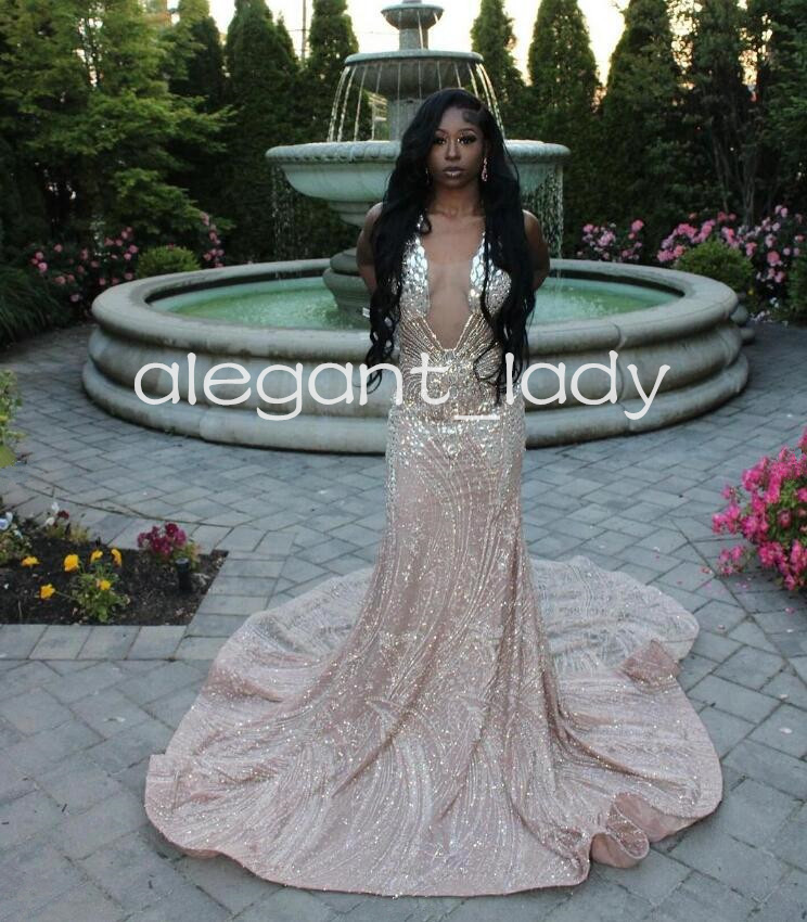 Silver Champagne Long Evening Party Dresses for Women 2024 Sparkly Diamond Crystal Black Girl Prom Birthday Formal Dress