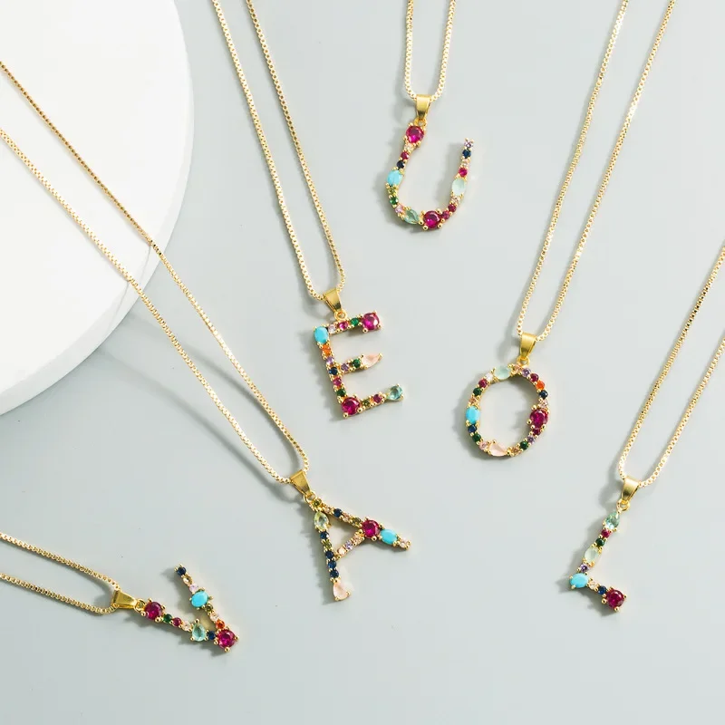 26 English Letter Necklace Womens Bohemia Style Colored Necklace AAA Cubic Zircon Clavicle Chain for Girls