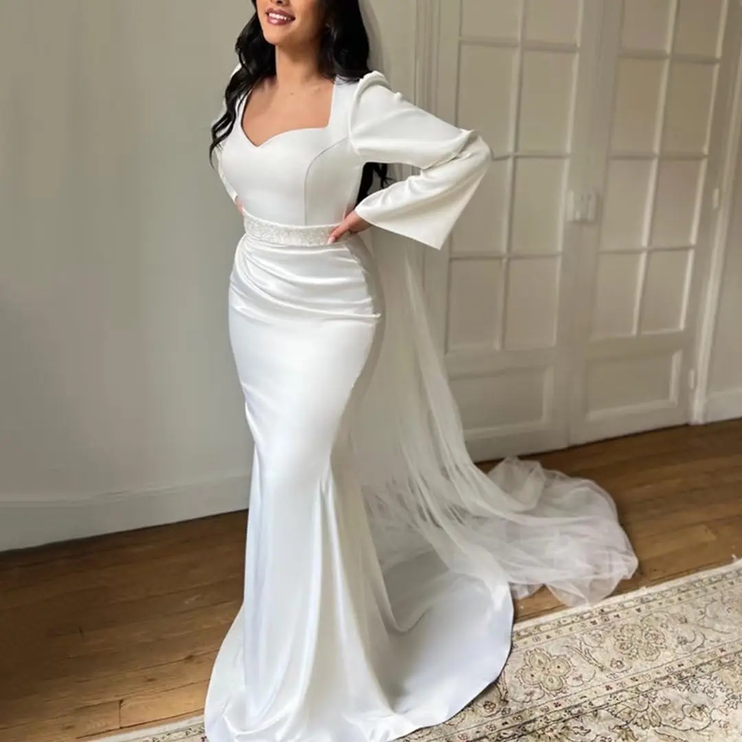 Mermaid Elegant Wedding Dress Women Long Sleeve Beadings Sash Satin Bridal Formal Gown Sweep Train Vestidos De Novia